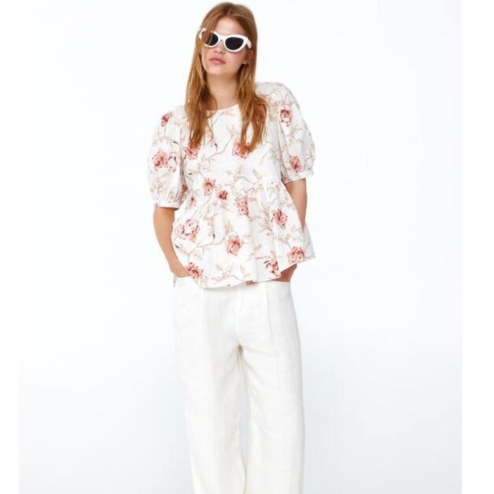 Zara Peplum Linen Blend Floral Puff Sleeve Blouse Size XS